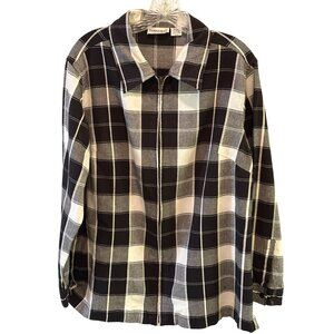 Fashion Bug Size 18/20 Black & White Plaid Zip-Up Shirt Long Sleeve Casual